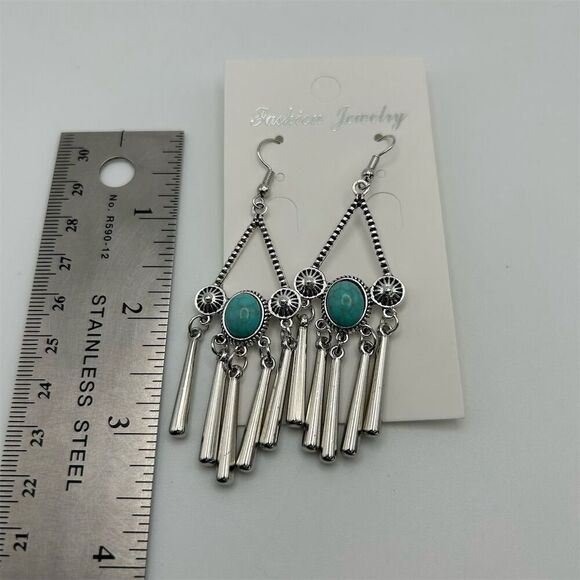 Bohemian Vintage Style Faux Turquoise & Silver Tassel Long Dangle Earrings - Picture 4 of 5